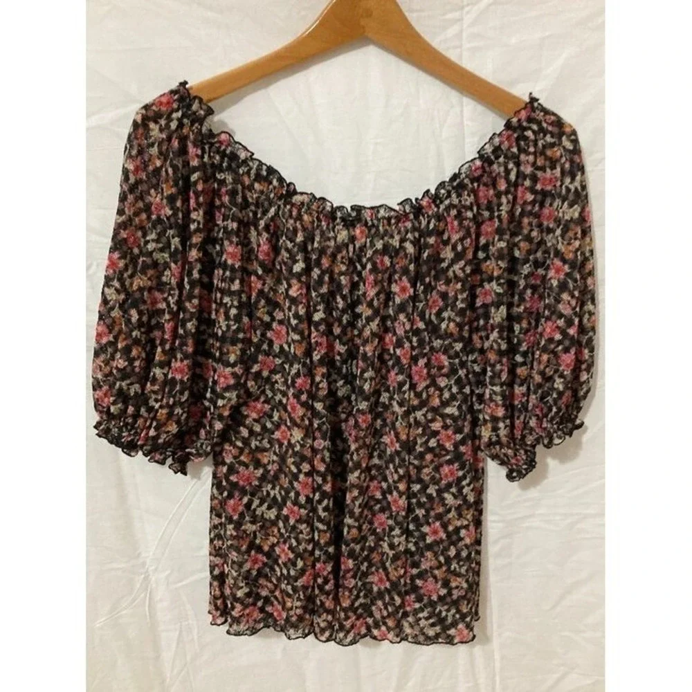Free People Floral Mesh Blouse Womens Size Medium Black Pink Boho Core 90s Magic